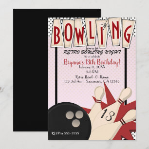Pink Red Retro Bowling Bowl Night Birthday Party Invitation