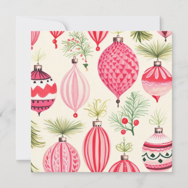Pink Red Retro Christmas Ornaments Card (Front)