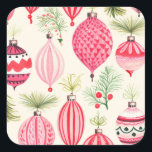 Pink Red Retro Christmas Ornaments Square Sticker<br><div class="desc">Think of Christmas and decorative tree ornaments come to mind. They look just right to decorate holiday gift stickers. Here is a fun gift tag that features one of our original whimsical pink and red watercolor retro patterns. Fun sprays of holiday greenery accompany the retro pictures.</div>