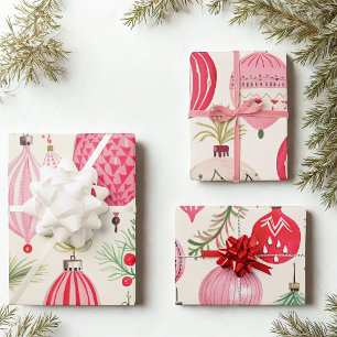 Pink Red Retro Christmas Ornaments Wrapping Paper Sheet