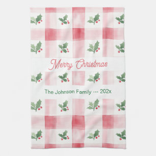Pink Red Retro Christmas Personalised Tea Towel