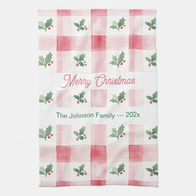 Pink Red Retro Christmas Personalised Tea Towel (Vertical)