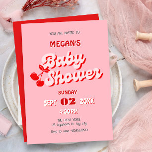 Pink red retro groovy cherry baby shower invitation