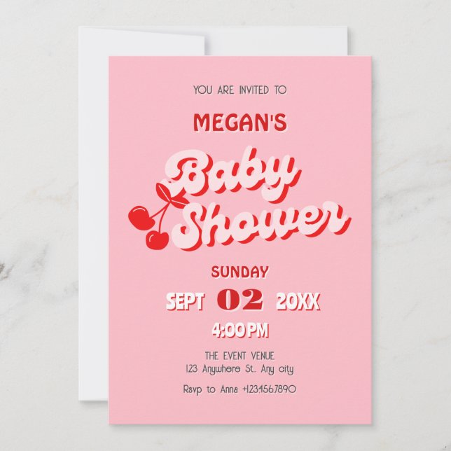 Pink red retro groovy cherry baby shower invitation (Front)