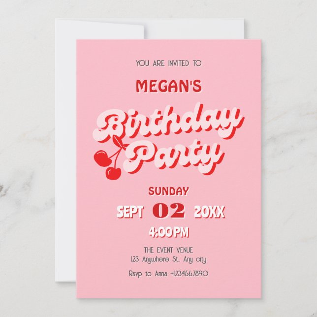 Pink red retro groovy cherry birthday invitation (Front)