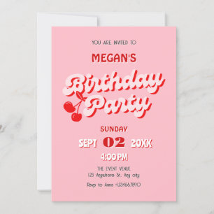 Pink red retro groovy cherry birthday invitation