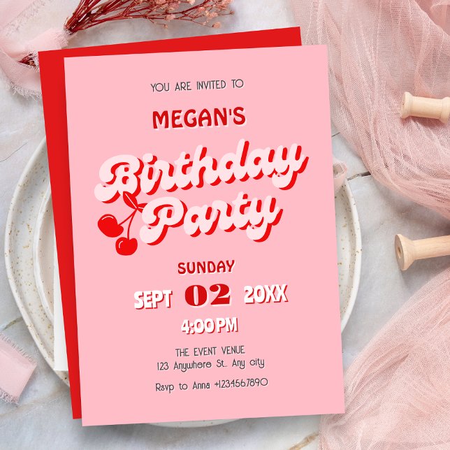 Pink red retro groovy cherry birthday invitation (Creator Uploaded)