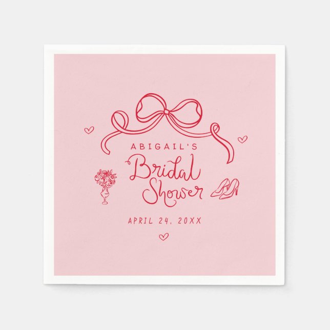 Pink Red Retro Hand Drawn Whimsical Bridal Shower Napkin (Front)