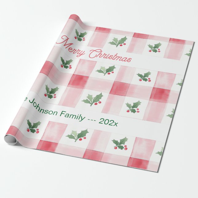 Pink Red Retro Personalised Christmas Wrapping Paper (Unrolled)