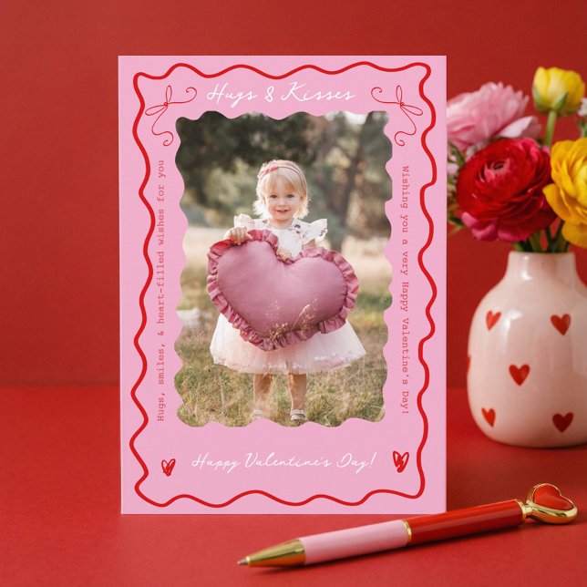 Pink Red Retro Wavy Scribble Child Photo Valentine Holiday Card (Pink Red Retro Wavy Scribble Child Photo Valentine Holiday Card)