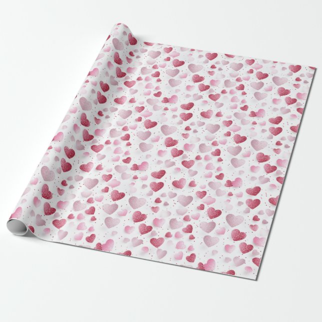 Pink & Red Romantic Glitter Hearts Wrapping Paper (Unrolled)