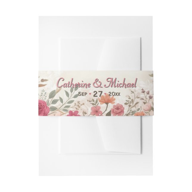 Pink & Red Romantic Rose Spring Floral Wedding Invitation Belly Band (Front Example)