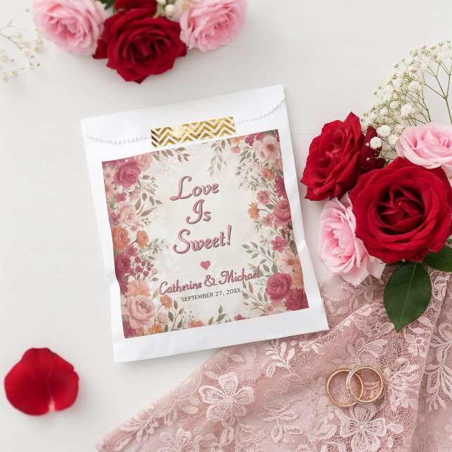Pink & Red Romantic Rose Spring Wedding  Favour Bags (Flat lay pink red floral spring vintage wedding 'love is sweet' favor bag )