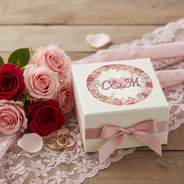 Pink & Red Romantic Spring Floral Monogram Wedding Classic Round Sticker (Creator Uploaded)