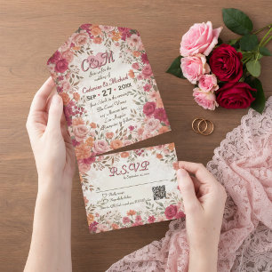 Pink & Red Romantic Spring Floral QR Code Wedding All In One Invitation
