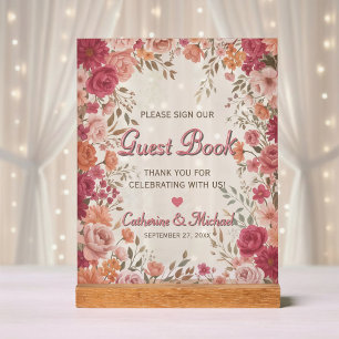 Pink & Red Romantic Spring Wedding Guestbook Acrylic Sign