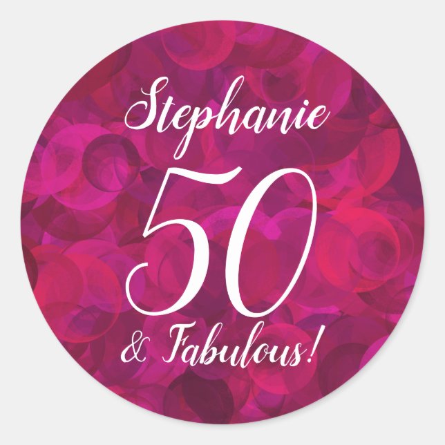 Pink Red Rose 50 and Fabulous Birthday Favour Classic Round Sticker (Front)