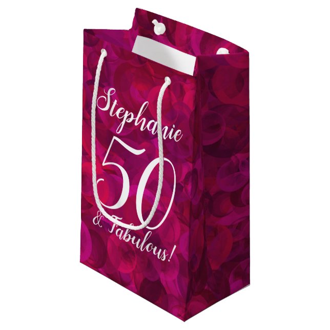 Pink Red Rose 50 and Fabulous Birthday Party Small Gift Bag (Front Angled)