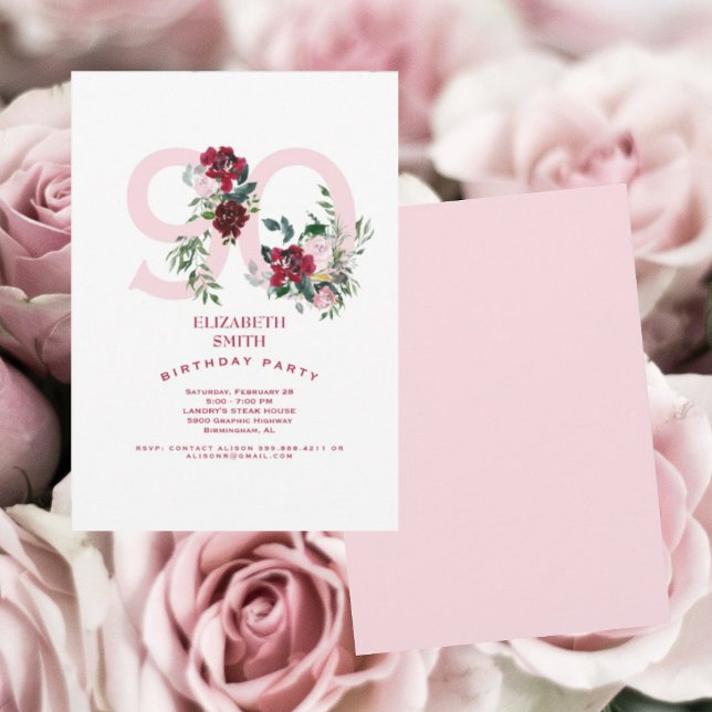 Pink & Red Rose Elegant 90th Birthday Party II Invitation (Creator Uploaded)