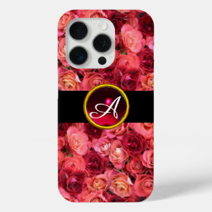 PINK RED ROSE FIELD ,RED RUBY GEMSTONE MONOGRAM iPhone 15 PRO CASE