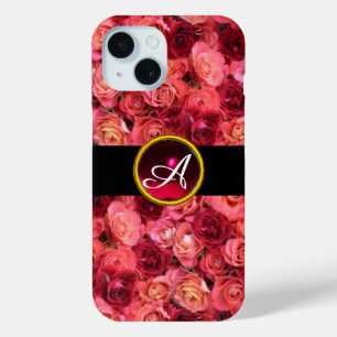 PINK RED ROSE FIELD ,RED RUBY GEMSTONE MONOGRAM iPhone 15 CASE