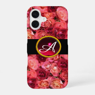 PINK RED ROSE FIELD ,RED RUBY GEMSTONE MONOGRAM iPhone 16 CASE