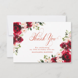 Pink Red Rose Floral 30th Birthday Personalised Thank You Card