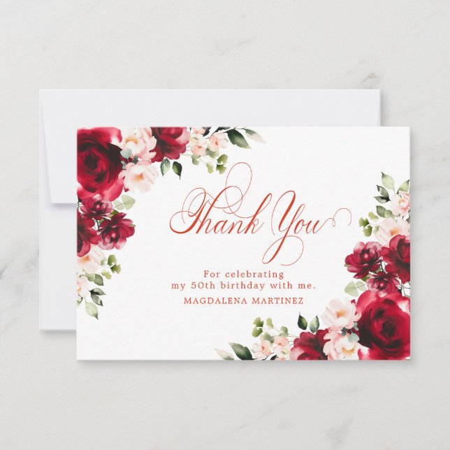 Pink Red Rose Floral 50th Birthday Personalised Thank You Card (Front)