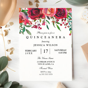 Pink Red Rose Quinceanera Sweet 15 Invitation