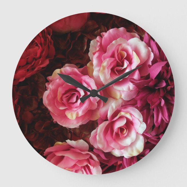 Pink, red roses: fabric background. large clock (Front)