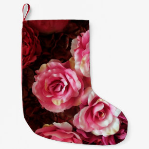 Pink, red roses: fabric background. small christmas stocking