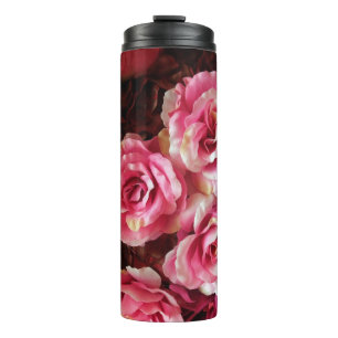 Pink, red roses: fabric background. thermal tumbler