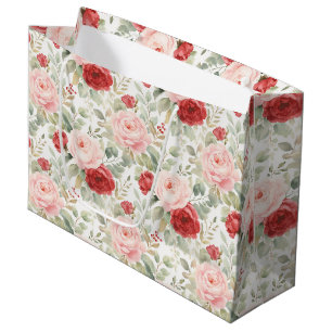 Pink Red Roses Floral Bridal Shower Large Gift Bag