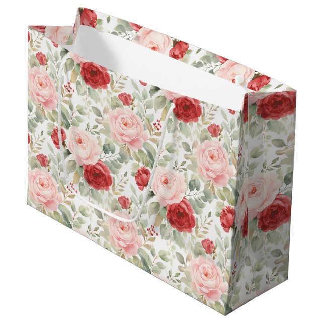 Pink Red Roses Floral Bridal Shower Large Gift Bag (Front Angled)