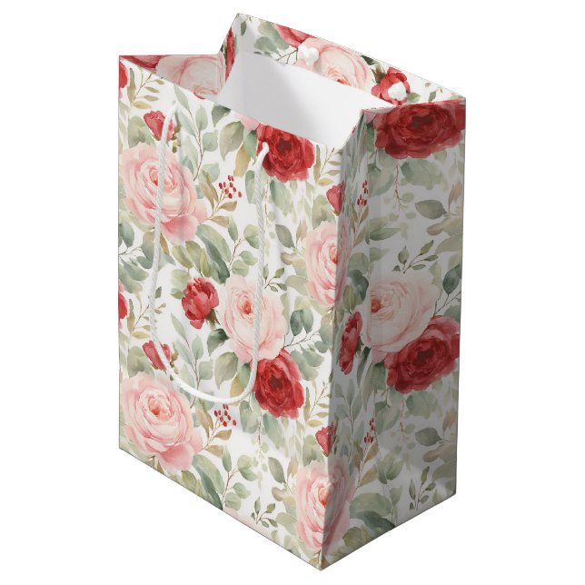 Pink Red Roses Floral Bridal Shower Medium Gift Bag (Front Angled)
