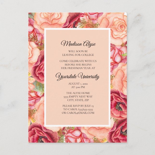 Pink Red Roses / Floral College Trunk Party Invitation Postcard (Front)