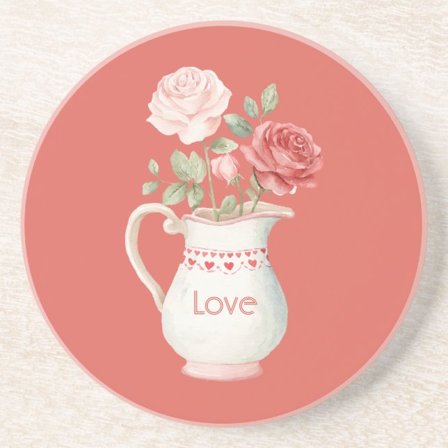 Pink Red Roses Floral Vase Coaster (Front)