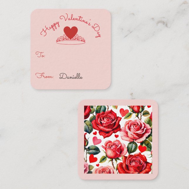 Pink & Red Roses Heart Crown Classroom Valentine Enclosure Card (Front/Back)