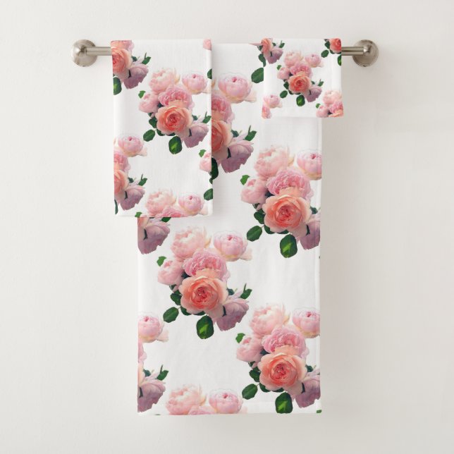Pink Red Roses Modern Elegant Floral Template Bath Towel Set (Insitu)