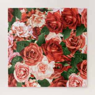 Pink Red Roses Random Arrangements Floral Pattern Jigsaw Puzzle