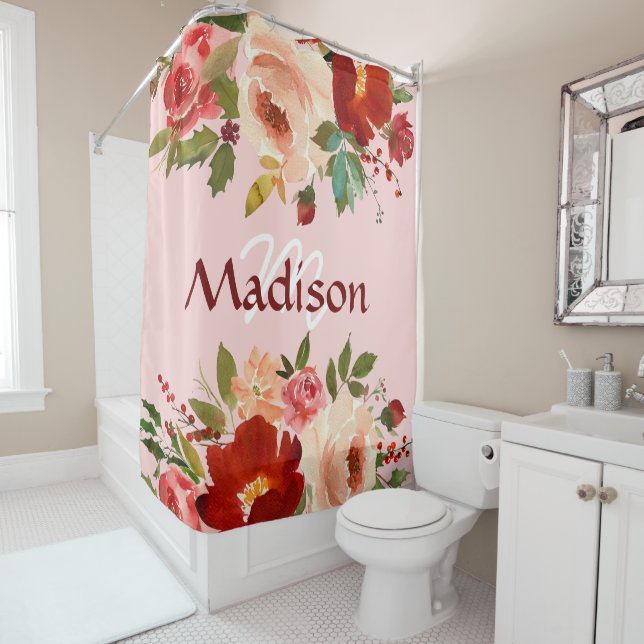 Pink Red Roses Trendy Girly Monogram  Shower Curtain (In Situ)