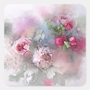 Pink Red Roses Watercolor Artwork Blank Template Square Sticker