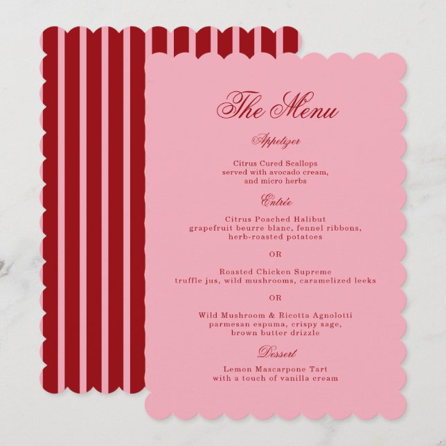 Pink Red Scalloped Retro Wedding Menu Card (Front/Back)