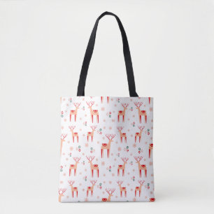 Pink&Red Scandinavian Reindeer Pattern Christmas Tote Bag