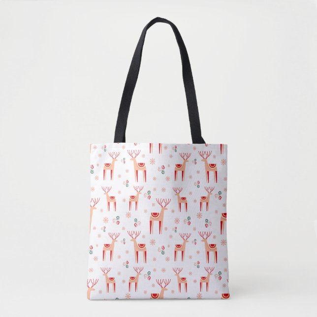 Pink&Red Scandinavian Reindeer Pattern Christmas Tote Bag (Front)