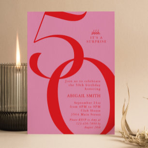 Pink Red Shh It's a Surprise 50th Birthday Party Invitation