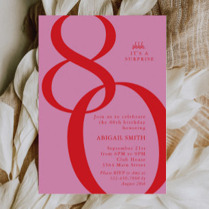 Pink Red Shh It's a Surprise 80th Birthday Party Invitation