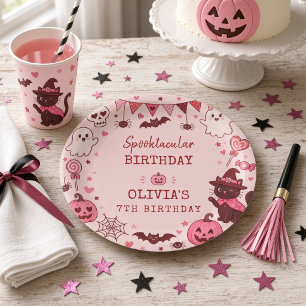 Pink Red Spooktacular Ghost Personalised Girls Paper Plate