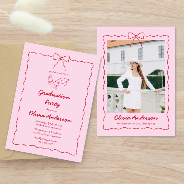 Pink Red Squiggle Hand Drawn Bow Photo Graduation Invitation (Creator Uploaded)