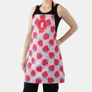 Pink Red Strawberries Floral  Pattern Monogram Apron